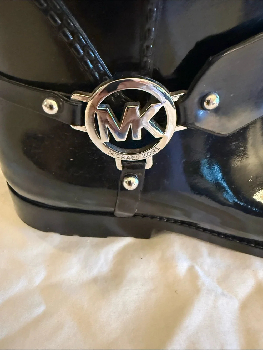 Michael Kors Glossy Black Mid-Calf Rain Boots with MK Detail